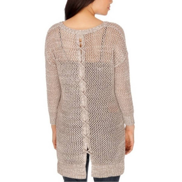 LUCKY BRAND LACE UP BEIGE CROCHET PULLOVER SWEATER - SIZE SMALL - Picture 1 of 8